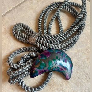 Vtg. Carol Halmy Hand Made Porcelain Half Moon Shaped Buckle & Gray Cord Belt